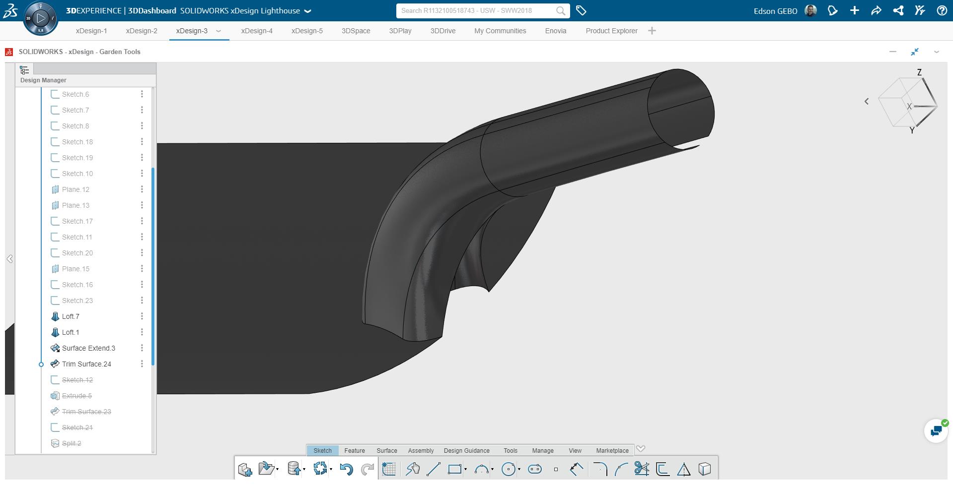 SOLIDWORKS xDesign中的曲面建模步骤示例：铁铲