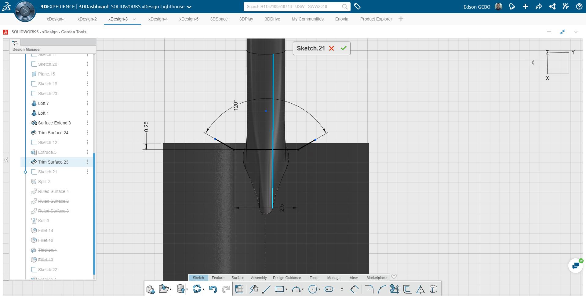 SOLIDWORKS xDesign中的曲面建模步骤示例：铁铲