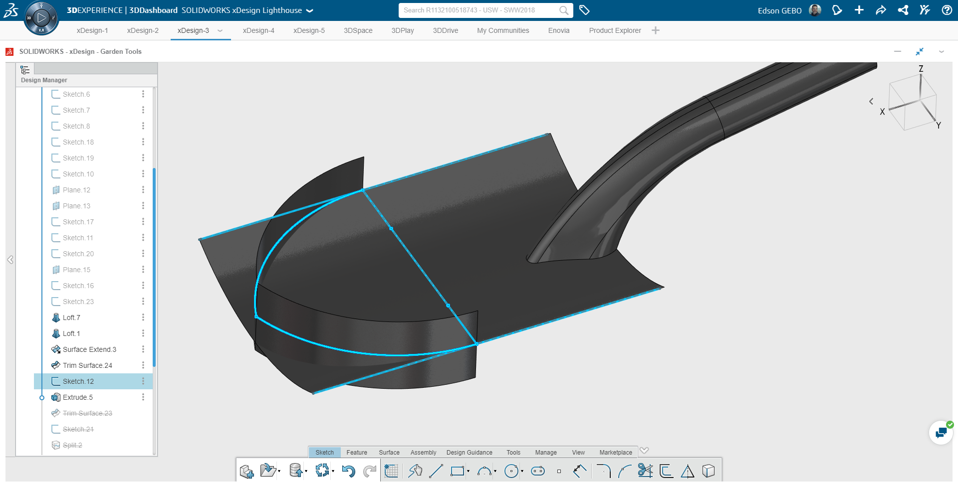 SOLIDWORKS xDesign中的曲面建模步骤示例：铁铲