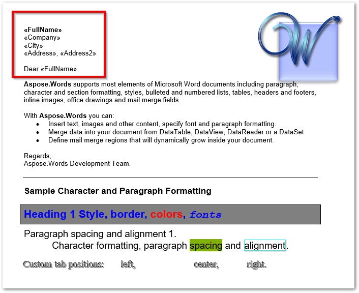 Word處理控件Aspose.Words功能演示：使用C?；騐B.NET在Word文檔中進行郵件合并