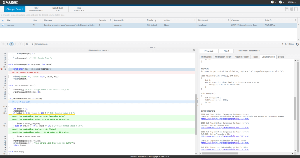 Parasoft C/C++test示例：检测越界内存访问