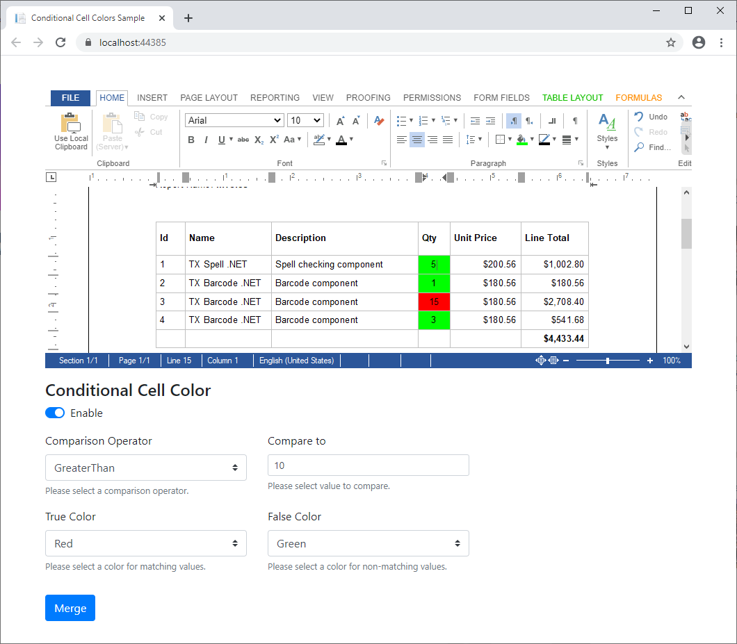 TX Text Control系列教程— ASP.NET ：使用MailMerge实现条件表单元格颜色