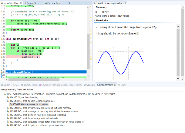 Parasoft C/C++test需求视图的屏幕截图，显示了手柄传感器输入值的样本数据