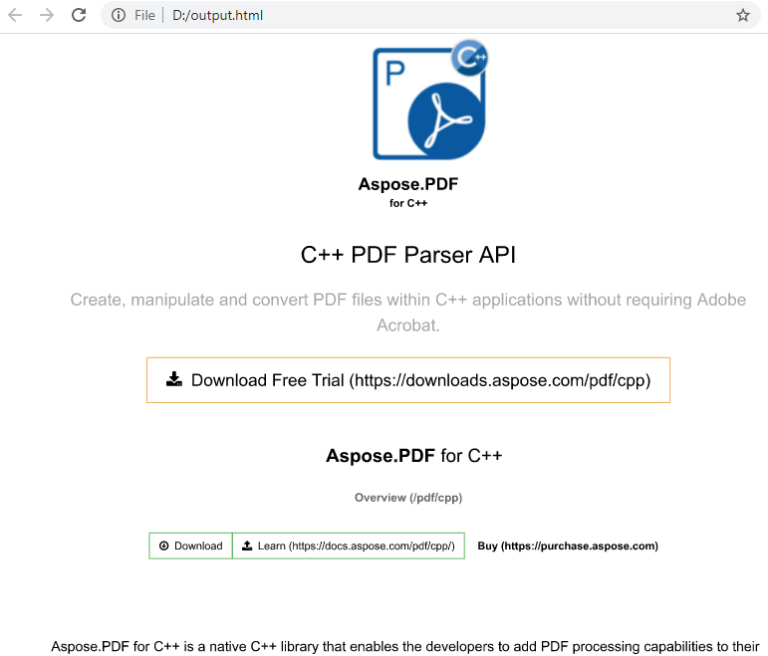 C++版PDF处理控件Aspose.PDF功能演示：在C ++中以编程方式将PDF转换为HTML