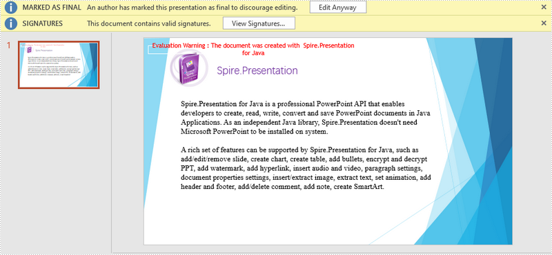 国产PPT格式控件Spire.Presentation功能演示：在Java中添加或删除数字签名