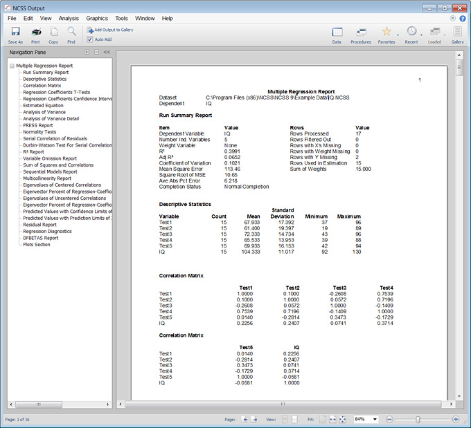 NCSS Output Window